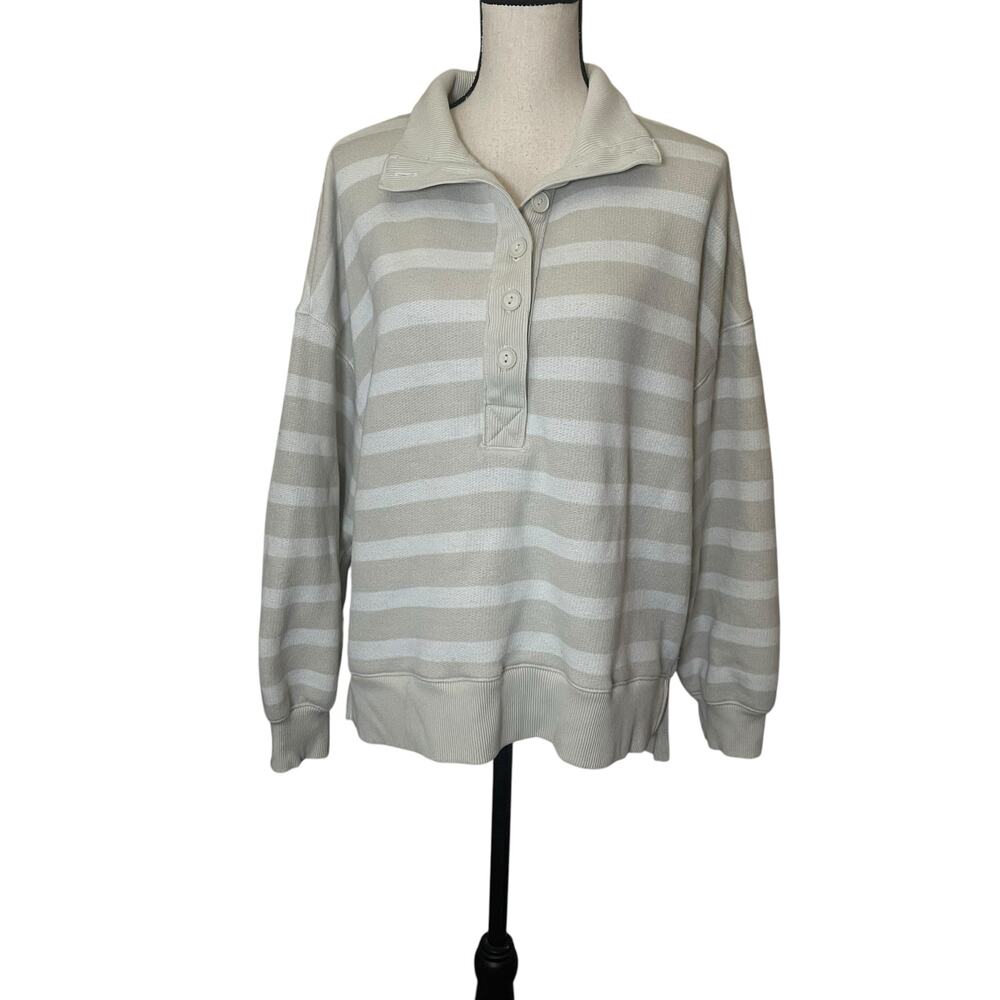 AE Big Hug Henley Sweatshirt Striped Neutral Oversized Small Cozy - Picture 4 of 13